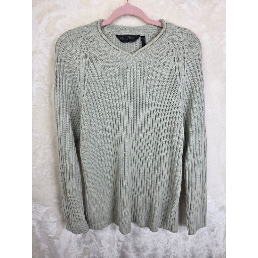 Outlook Womens XL Sage Green Ribbed Knit V-Neck Sweater Long Sleeve Raglan